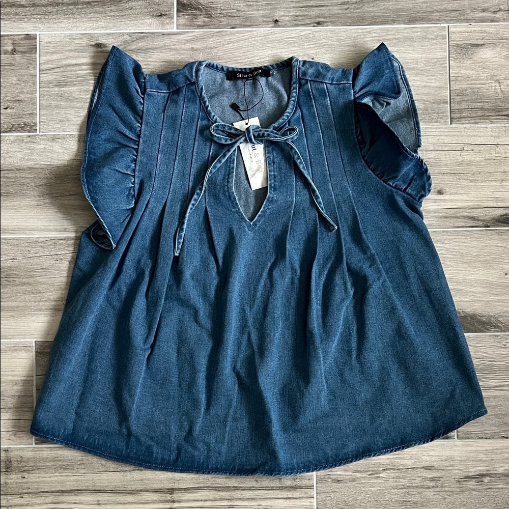 Denim Ruffle Sleeve Blouse
